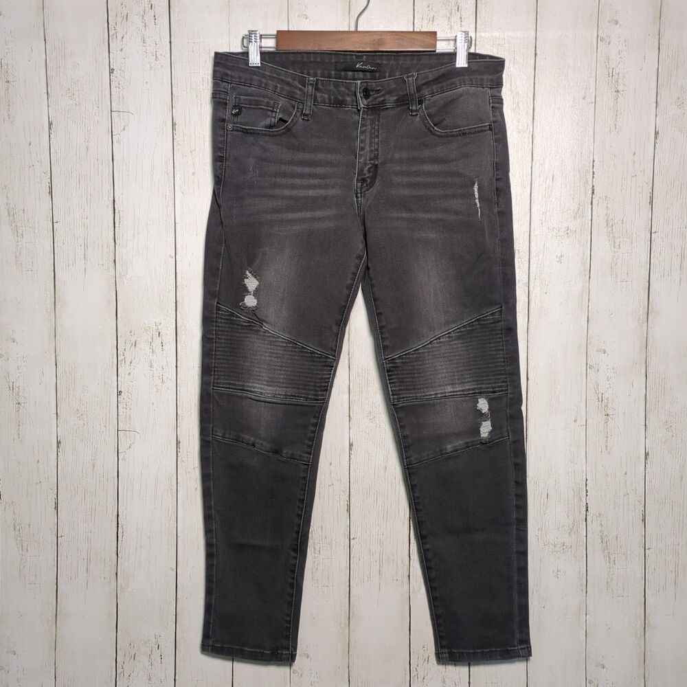 KanCan Moto Skinny Jeans Faded Gray Black Distressed Stretch Denim Size 11 Biker